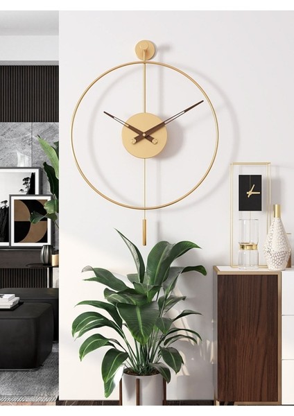 (Büyük Boy-50*75 cm)Gold Tiktok - Ceviz 35 cm Akrep Yelkovan , Modern Dekoratif Metal Duvar Saati