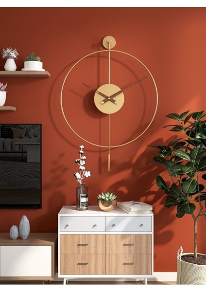 (Büyük Boy-50*75 cm)Gold Tiktok - Ceviz 35 cm Akrep Yelkovan , Modern Dekoratif Metal Duvar Saati