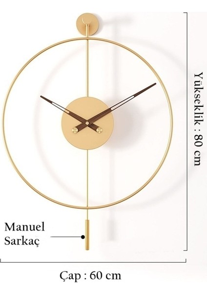 (Büyük Boy-50*75 cm)Gold Tiktok - Ceviz 35 cm Akrep Yelkovan , Modern Dekoratif Metal Duvar Saati