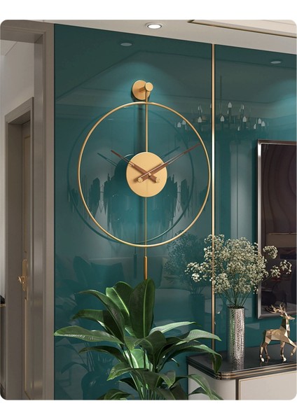 (Büyük Boy-50*75 cm)Gold Tiktok - Ceviz 35 cm Akrep Yelkovan , Modern Dekoratif Metal Duvar Saati