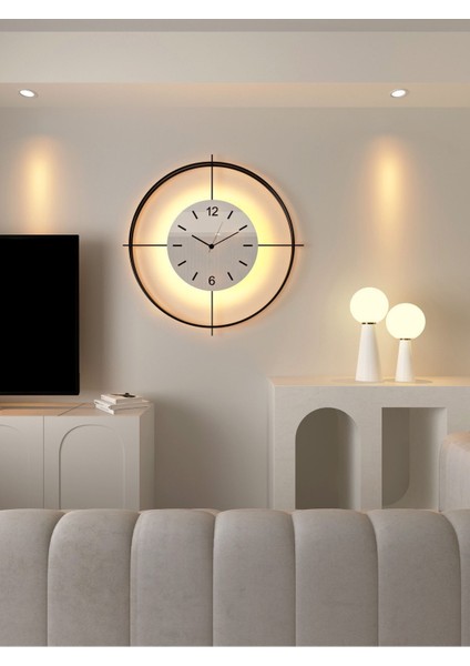 (Xxl-65*65 cm )Siyah Deluxe Ledli(Pilli) -Beyaz Göbek - Modern Dekoratif Metal Duvar Saati