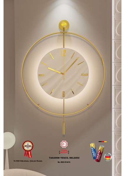 (Büyük Boy - 50*75 cm) Timelles Gold Serisi (Pilli Led) Ultra Sessiz Quartz Mekanizma , Metal Duvar Saati