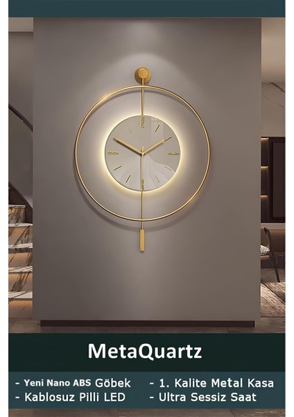 (Büyük Boy - 50*75 cm) Timelles Gold Serisi (Pilli Led) Ultra Sessiz Quartz Mekanizma , Metal Duvar Saati