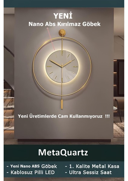 (Büyük Boy-50*75 cm) Timelles Kristal- (Quartz Mekanizmalı)-(Abs Nano Göbek )-Pilli LED - Metal Duvar Saati