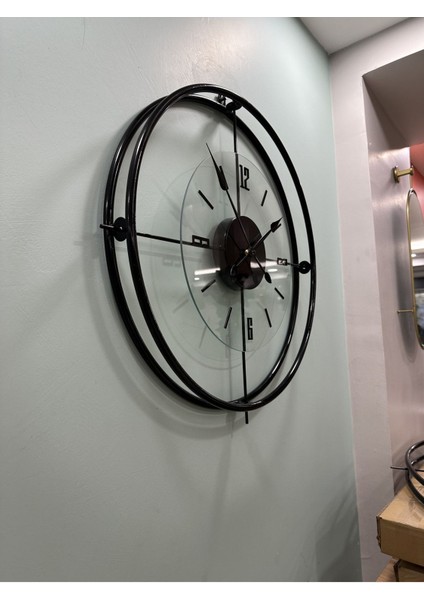 (Büyük Boy-55*55 cm) Siyah Çiftçember Camlı Seri -(Qaurtz Mekanizmalı) Modern Dekoratif Camlı Metal Duvar Saati