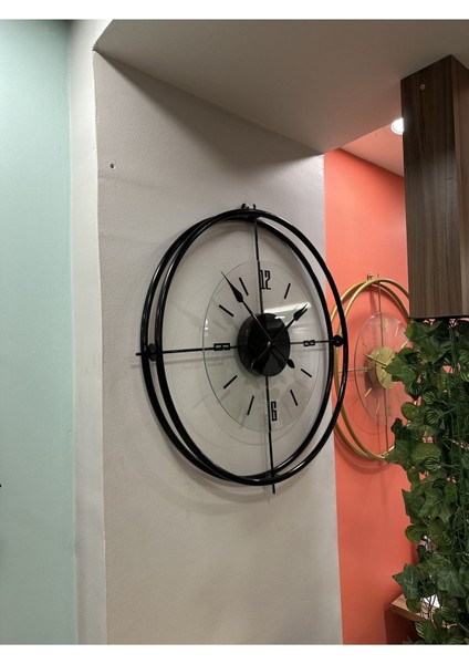 (Büyük Boy-55*55 cm) Siyah Çiftçember Camlı Seri -(Qaurtz Mekanizmalı) Modern Dekoratif Camlı Metal Duvar Saati modelleri
