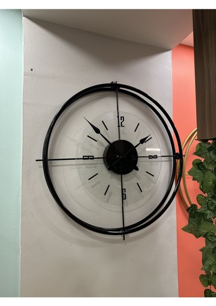 (Büyük Boy-55*55 cm) Siyah Çiftçember Camlı Seri -(Qaurtz Mekanizmalı) Modern Dekoratif Camlı Metal Duvar Saati indirimleri