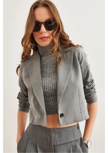 Kadın Antrasit Tek Düğmeli Poliviskon Crop Blazer Ceket