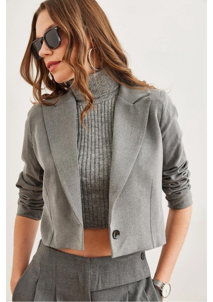 Kadın Antrasit Tek Düğmeli Poliviskon Crop Blazer Ceket