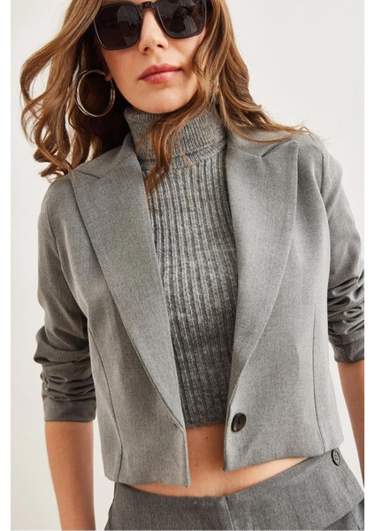 Kadın Antrasit Tek Düğmeli Poliviskon Crop Blazer Ceket