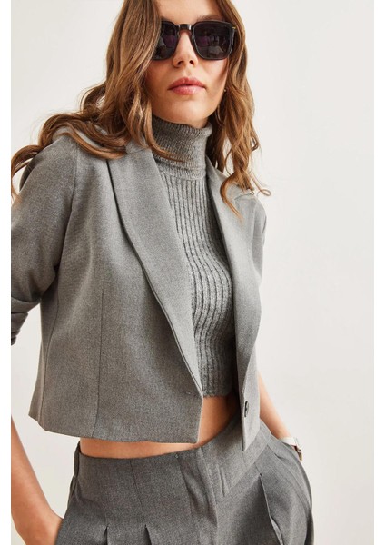 Kadın Antrasit Tek Düğmeli Poliviskon Crop Blazer Ceket