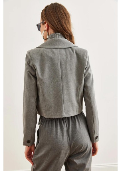 Kadın Antrasit Tek Düğmeli Poliviskon Crop Blazer Ceket