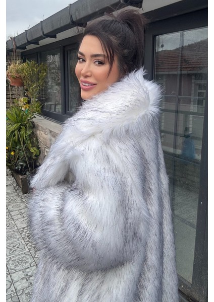 Premium Ingiliz Yaka Mob Wife Suni Kürk Maxi Kadın Kaban