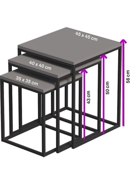 Metal Ayaklı Zigon Sehpa 3'lü Kare Model