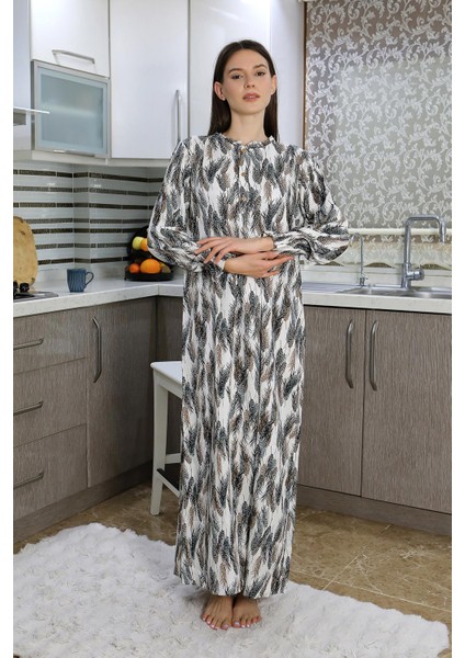 Kadın Uzun Kol Penye Gecelik Ev Elbisesi Ekru 25500