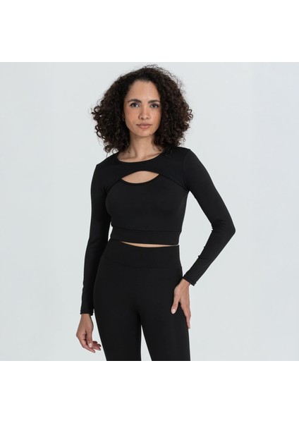 Kadın Siyah Uzun Kollu Spor Büstiyer - Yüksek Esnekli Kumaş, Nefes Alabilir Tasarım