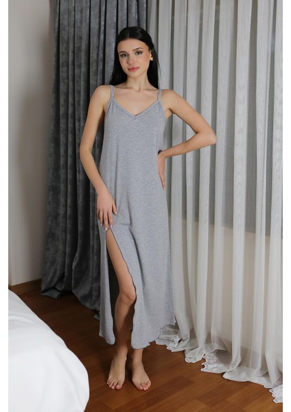 Akbeniz Kadın Ip Askılı Uzun Yırtmaçlı Pamuk Penye Gecelik Gri 90125HBCV000081G4EN
