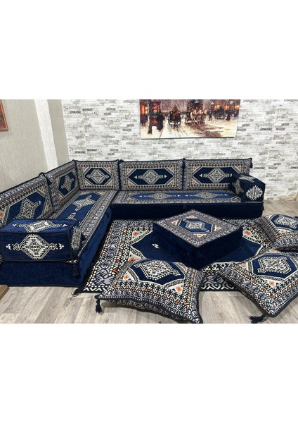 Şark Köşesi Saraylı Desenli Minder, Kilim, Orta Puf Takımı Lacivert