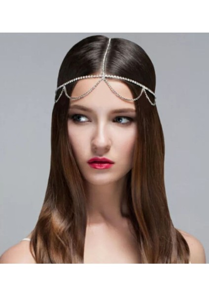 Taşlı Salkım Su Yolu Saç Aksesuarı Gelin Tacı Nişan Nikâh Kına Saç Zinciri