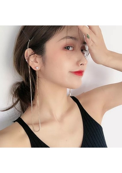 Inci Küpeli Taşlı Su Yolu Saç Aksesuarı Gümüş Renk Taşlı Saç Zinciri