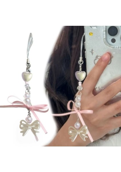 Inci Kalpli Fiyonklu Coquette Telefon Charmı Telefon Ipi