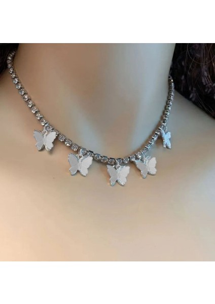 Kelebek Detaylı Taşlı Kolye, Kadın Kolye, Choker Kolye