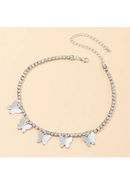Kelebek Detaylı Taşlı Kolye, Kadın Kolye, Choker Kolye