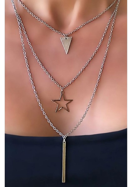 Gümüş Renk Zincirli Üçgen Yıldız ve Çubuklu Üçlü Sallantılı Çoklu Uzun Kolye