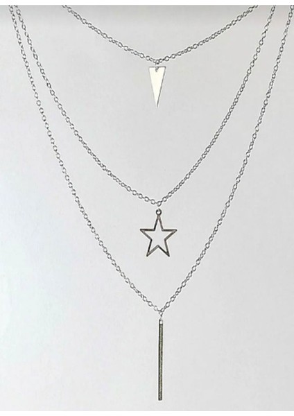 Gümüş Renk Zincirli Üçgen Yıldız ve Çubuklu Üçlü Sallantılı Çoklu Uzun Kolye fiyatları