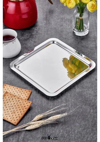 4 lü Lüx Paslanmaz Çelik Kare Çay, Kahve, Pasta Servis Tepsisi Dekoratif Sunum Tepsi