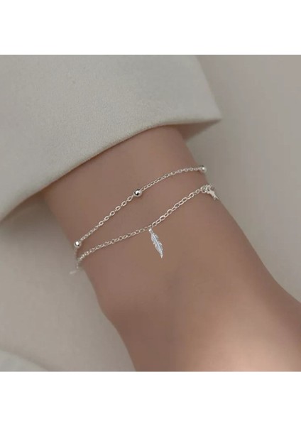 Tüy Detaylı Iki Sıra Kararmaz Gümüş Renk Bileklik - Halhal