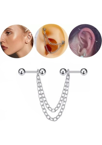 2 Adet Zincirli Tragus Helix Kulak Cerrahi Çelik Piercing