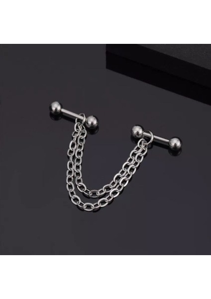 2 Adet Zincirli Tragus Helix Kulak Cerrahi Çelik Piercing