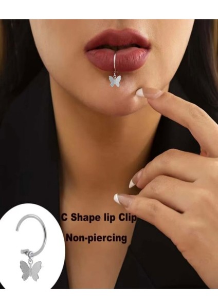 Deliksiz Kelebek Sallantılı Fake Çelik Dudak Piercing Sahte Piercing D45D1