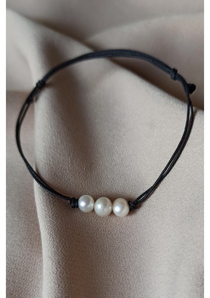 3 Incili Ayarlanabilir Siyah Ip Bileklik