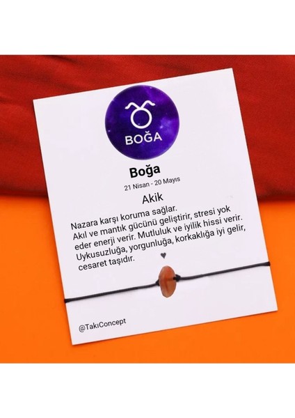 Boğa Burcu Akik Doğal Taşlı Ip Burç Bilekliği