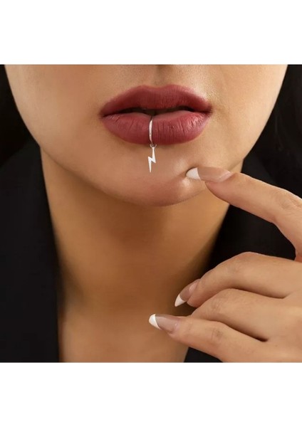 Deliksiz Şimşek Sallantılı Fake Çelik Dudak Piercing Sahte Piercing D45D1