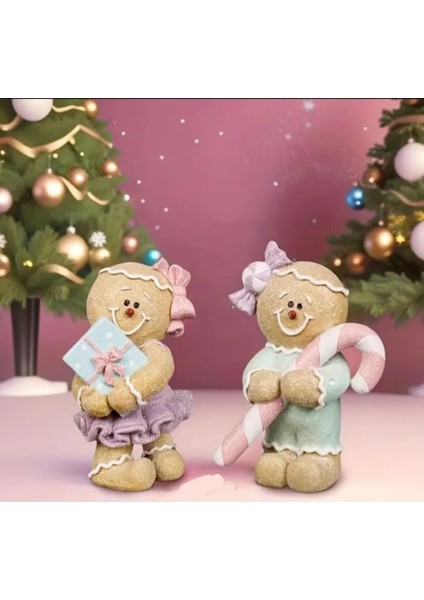 Yeni Yıl Sevimli Kurabiye Gingerbread 2'li Dekoratif Biblo Set
