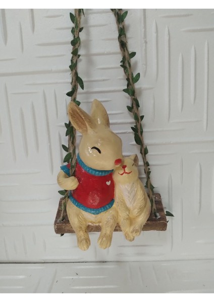 Salıncakta Büyükyavrulu Tavşan Dekoratif Biblo Heykel Hediyelik Bahçe Dekorasyon Süsleme indirimleri