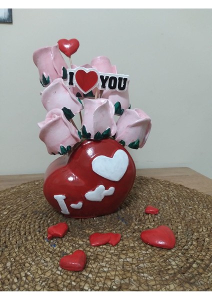 Pembe Aşk Gülleri Mutlu Yıllar Kalpli Vazoda Çiçek Arajman Hediye Sevgililer Günü modelleri