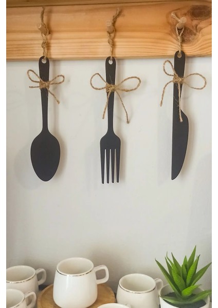 3 Parça Dekoratif Ahşap Çatal-Kaşık-Bıçak Seti Mutfak, Kahve Köşesi, Raf, Askı Süsü, Dolap,(19 Cm)