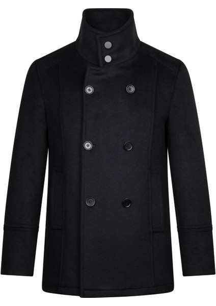 Siyah Slim Fit Kruvaze Yünlü Kaşe Kaban