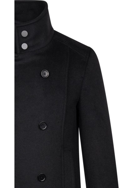 Siyah Slim Fit Kruvaze Yünlü Kaşe Kaban modelleri