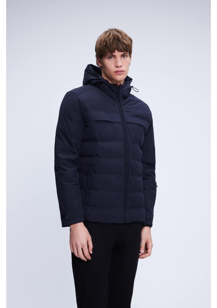 Lacivert Regular Fit Hakim Yaka Kapüşonlu Kaban