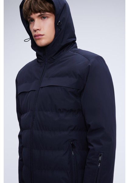 Lacivert Regular Fit Hakim Yaka Kapüşonlu Kaban modelleri