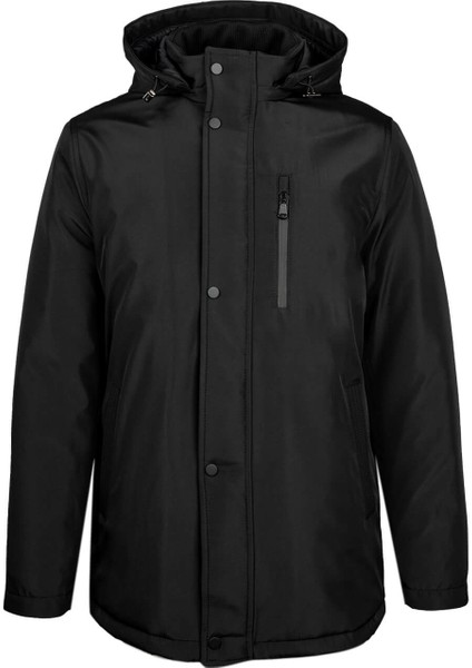 Siyah Regular Fit Hakim Yaka Kapüşonlu Kaban