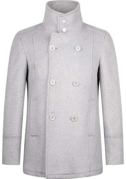 Gri Slim Fit Kruvaze Yünlü Kaşe Kaban