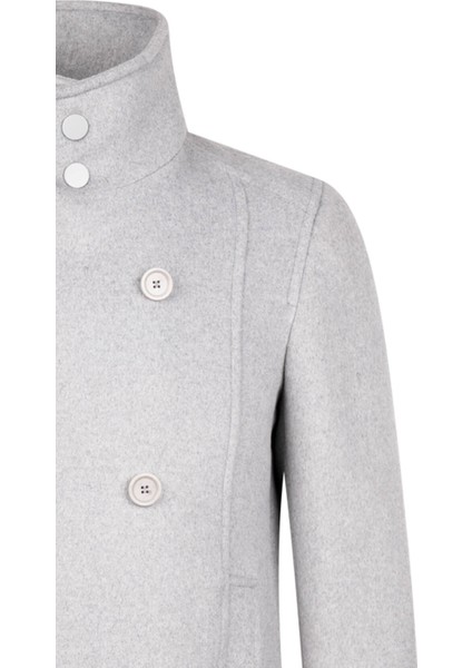 Gri Slim Fit Kruvaze Yünlü Kaşe Kaban