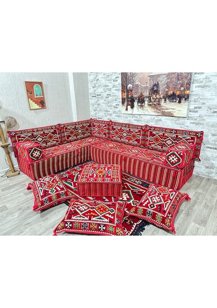 Şark Köşesi 30 cm Kalınlığında Minderli Anadolu Desenli Konsept Kırmızı 14 Parça
