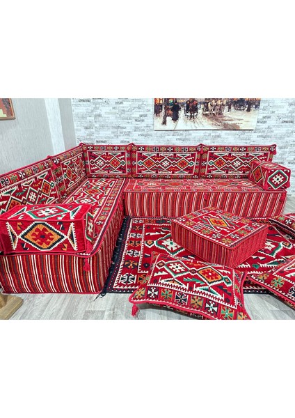 Şark Köşesi 30 cm Kalınlığında Minderli Anadolu Desenli Konsept Kırmızı 14 Parça fiyatları